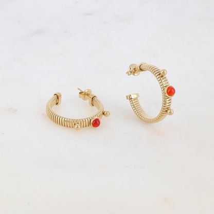 Créoles à puce rainurées avec 2 petites boules et 1 pierre naturelle ronde 2,7 x 3 CM.