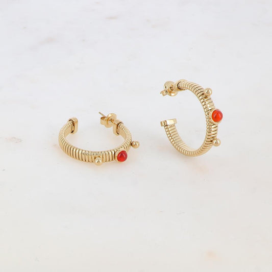 Créoles à puce rainurées avec 2 petites boules et 1 pierre naturelle ronde 2,7 x 3 CM.
