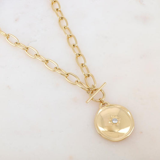 Collier en maille avec pendentif rond, étoile et strass (45+5CM)