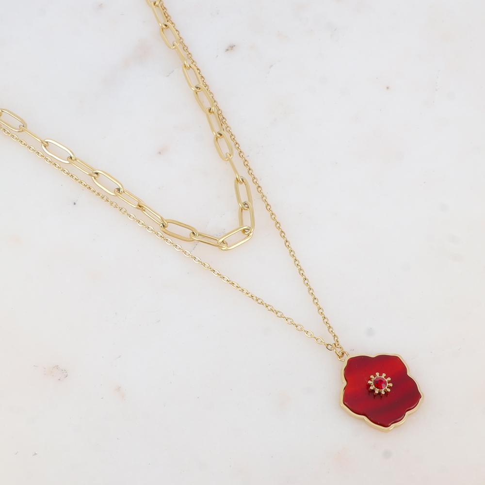 Collier double rangs avec pendentif fleur en pierre naturelle et strass (38/42+7CM)