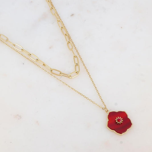 Collier double rangs avec pendentif fleur en pierre naturelle et strass (38/42+7CM)