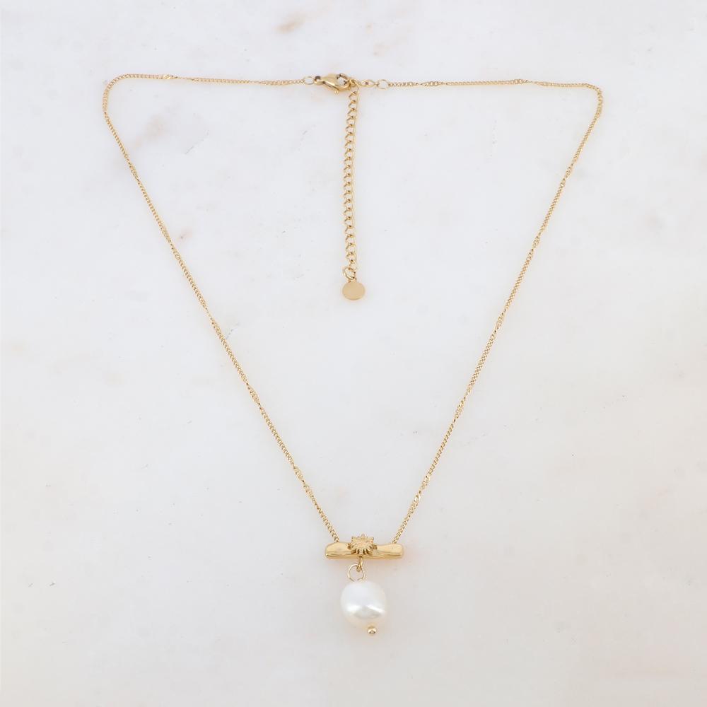 Collier avec pièce géométrique, étoile et perle d'eau douce (40+7CM)