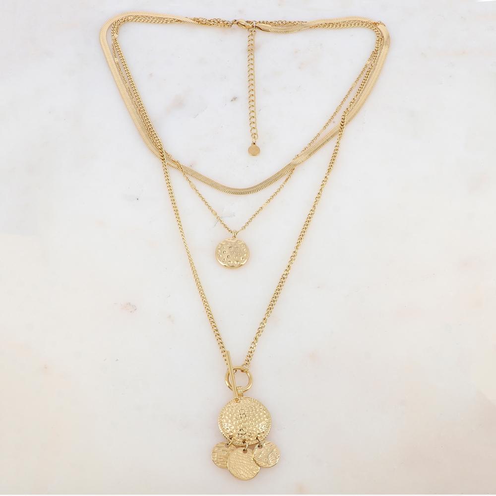 Collier 3 rangs avec maille miroir, 4 pièces rondes martelées et 1 pièce ronde avec motif graphique (38/40/50+7CM)