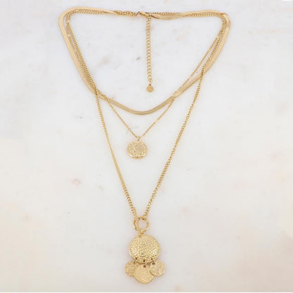 Collier 3 rangs avec maille miroir, 4 pièces rondes martelées et 1 pièce ronde avec motif graphique (38/40/50+7CM)