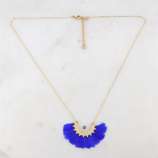 Collier doré avec plume bleue et pierre bleue lapis lazuli 45+5 cm