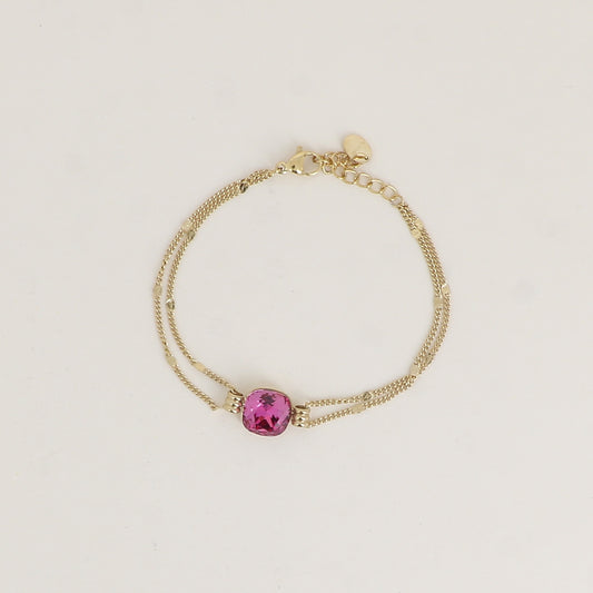 Bracelet double rangs - Orné d’un cristal de Swarovski® de 10 mm - Taille bracelet : 16+3 cm - Dark rose