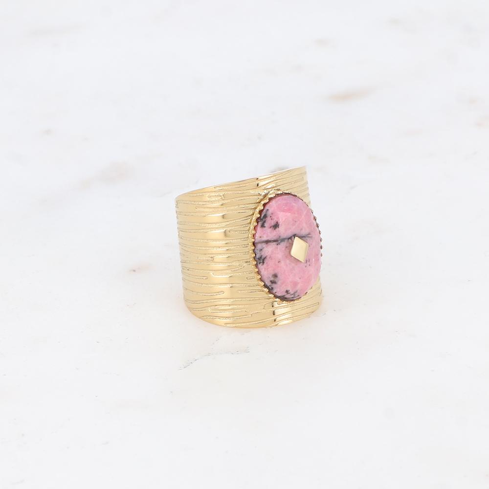 Bague avec cabochon en pierre naturelle - Rhodonite