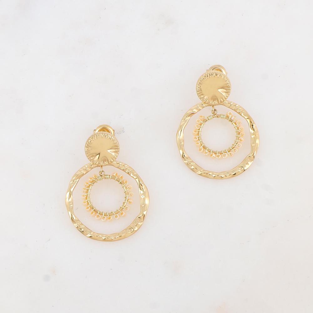 B.O à puce avec pièce ronde, 2 anneaux et perles de rocaille 2,6 x 3,6 cm