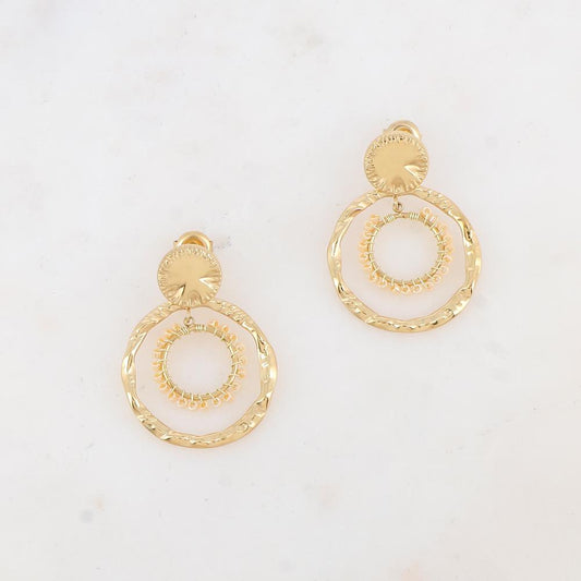 B.O à puce avec pièce ronde, 2 anneaux et perles de rocaille 2,6 x 3,6 cm