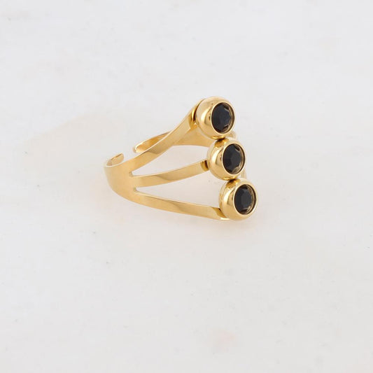 Bague 3 rangs avec 3 strass - Noir