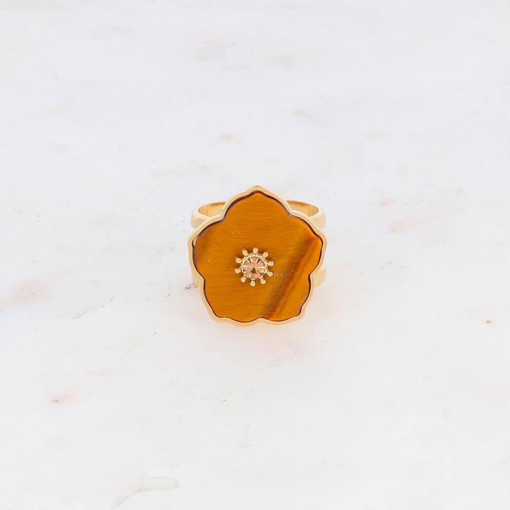 Bague double rangs avec fleur en pierre naturelle et strass - Œil de tigre
