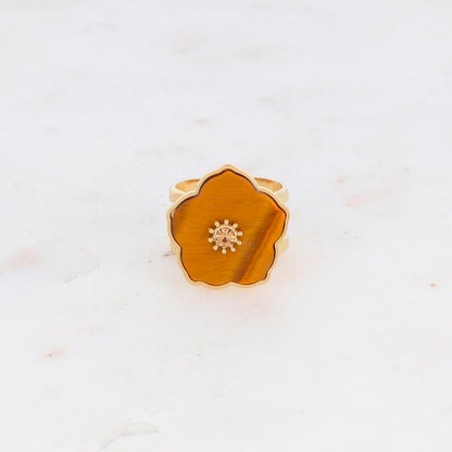 Bague double rangs avec fleur en pierre naturelle et strass - Œil de tigre