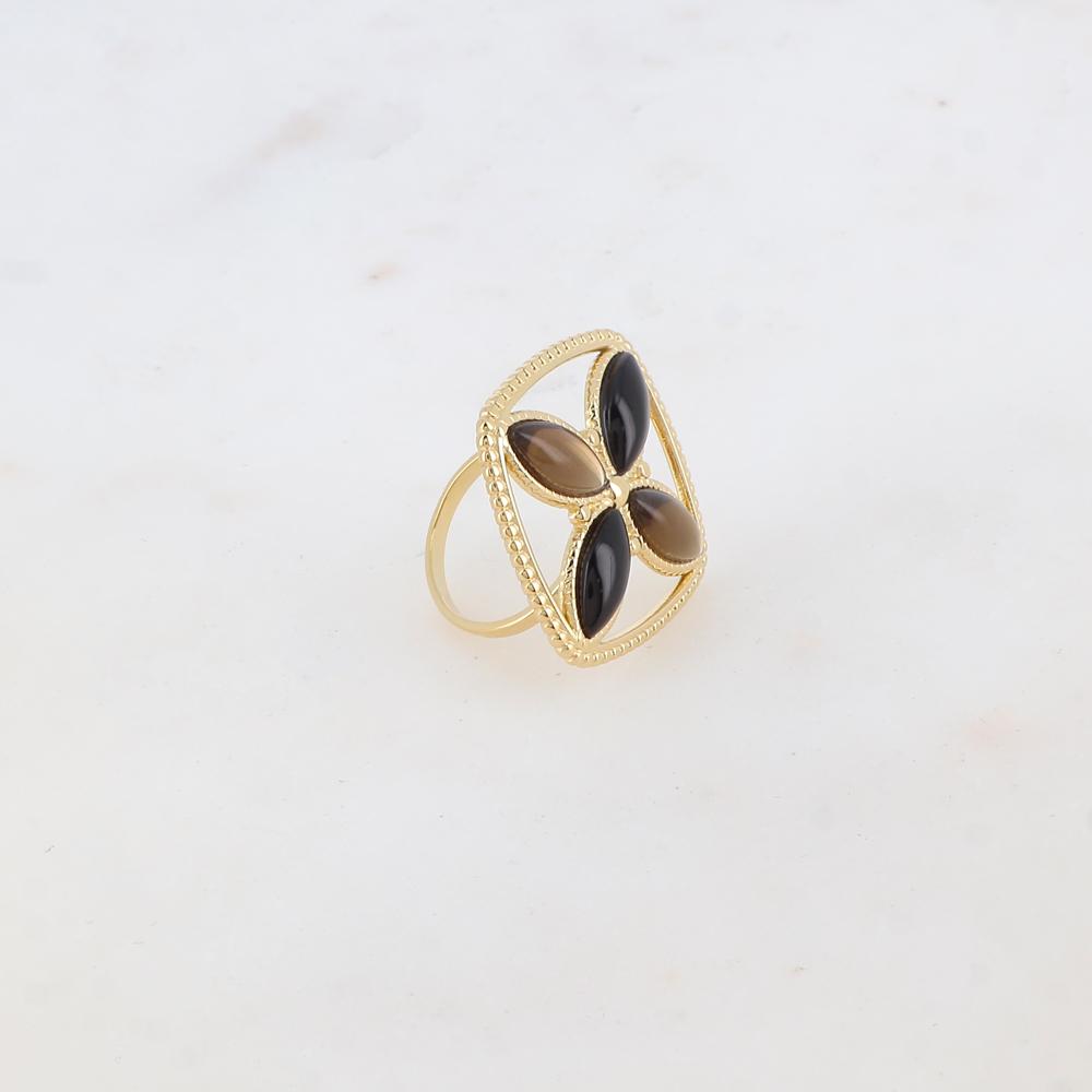 Bague fine avec anneau et 4 pâtes de verre - Noir