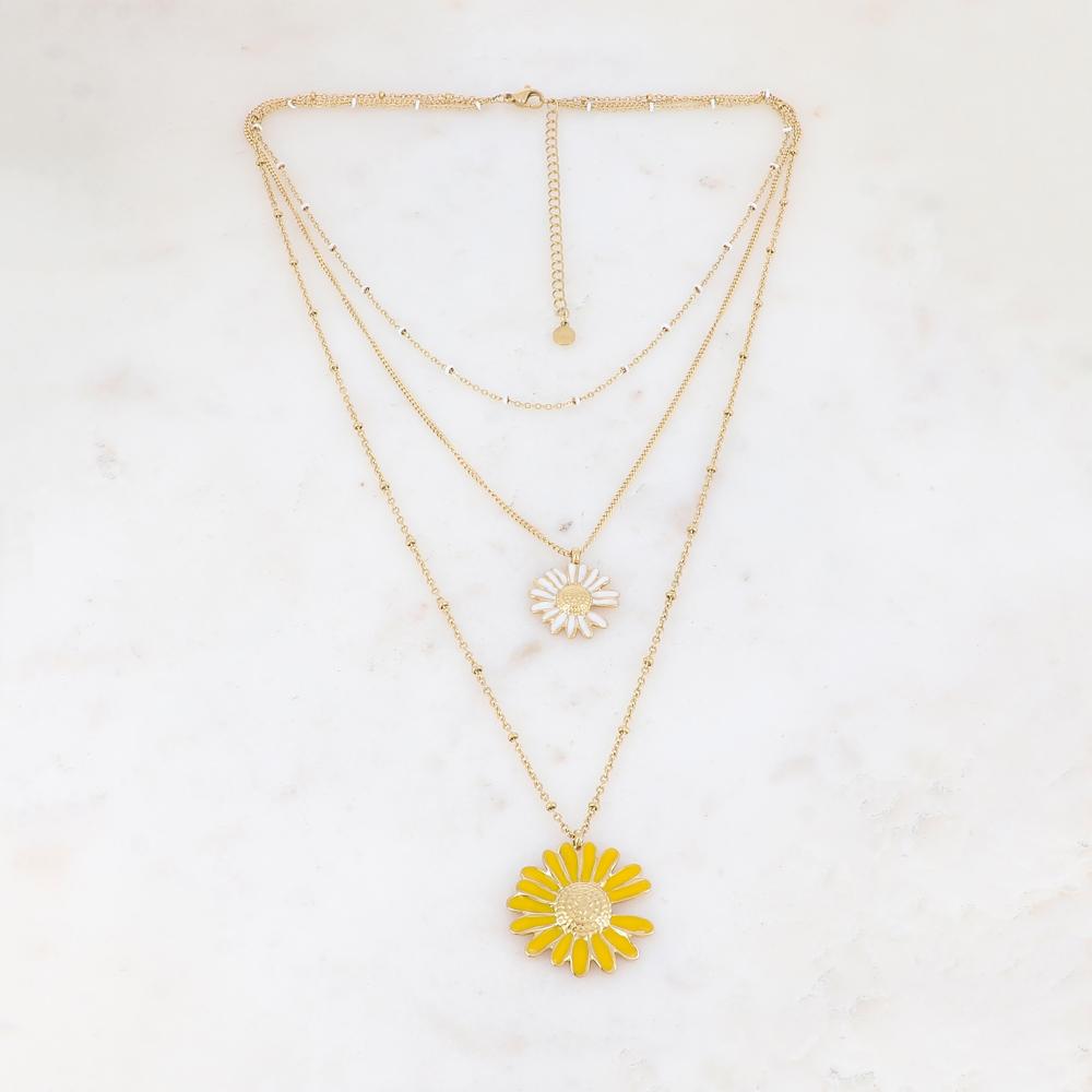 Collier triple rangs doré avec deux fleurs de marguerite émaillées blanche et jaune 38/44/56+5 cm