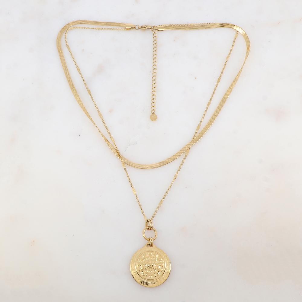 Collier 2 rangs avec maille, pièce ronde martelée (4048+7CM)