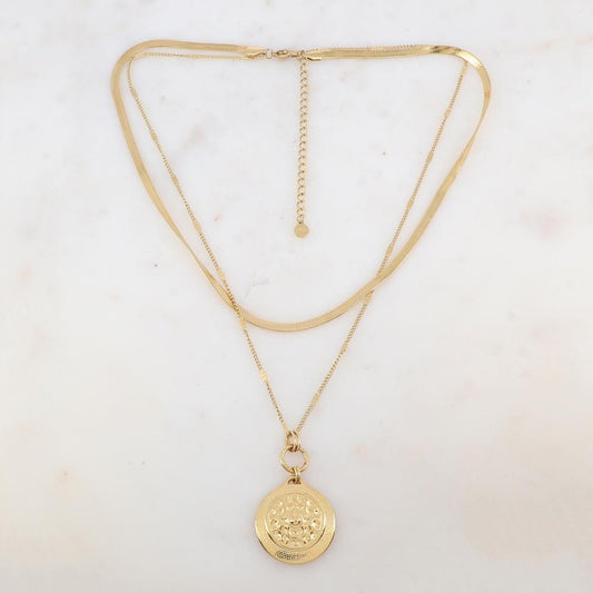 Collier 2 rangs avec maille, pièce ronde martelée (4048+7CM)