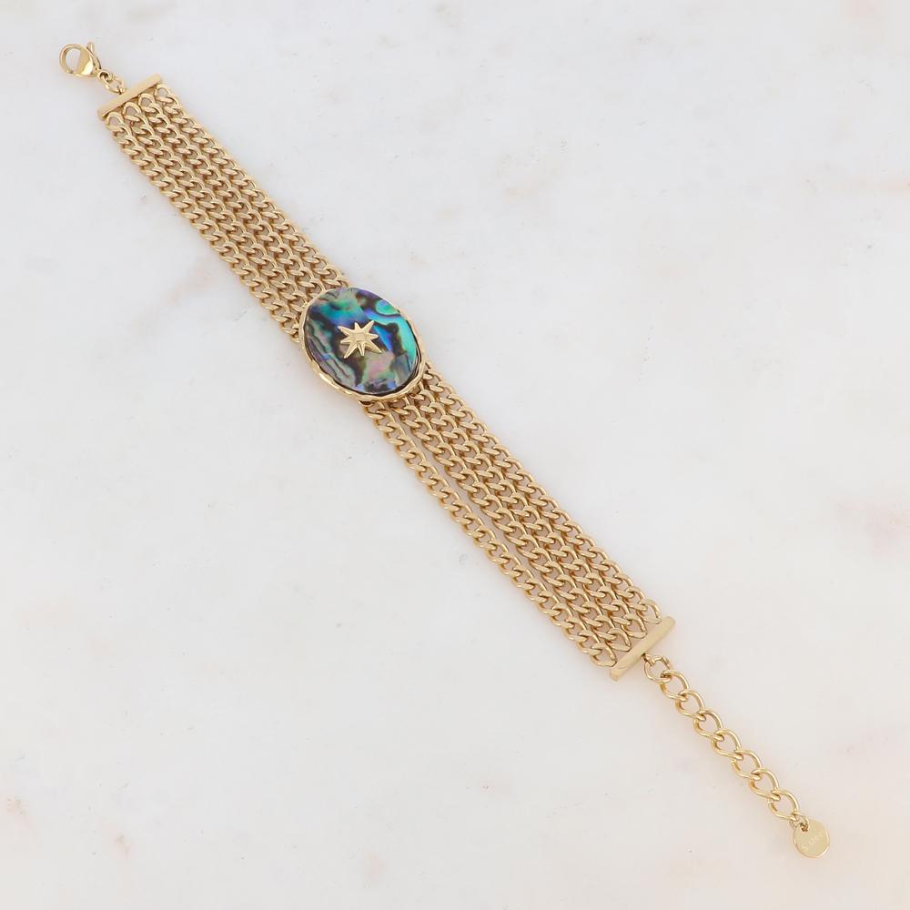 Bracelet en maille gourmette quatre rangs avec pièce ovale, nacre abalone et étoile gravée