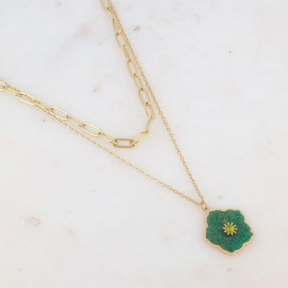 Collier double rangs avec pendentif fleur en pierre naturelle et strass (38/42+7CM)
