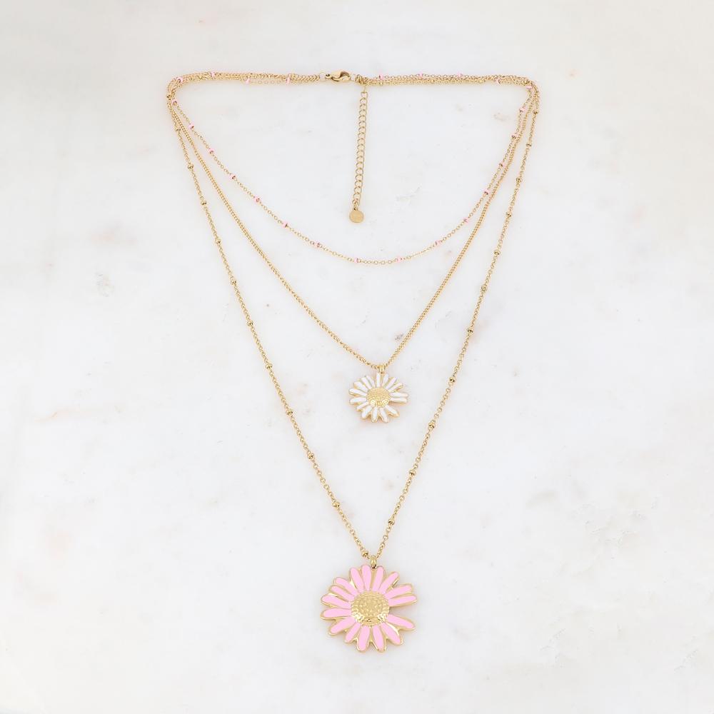 Collier triple rangs doré avec deux fleurs de marguerite émaillées blanche et rose 38/44/56+5 cm