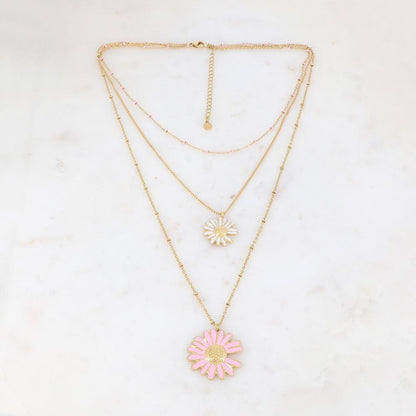 Collier triple rangs doré avec deux fleurs de marguerite émaillées blanche et rose 38/44/56+5 cm