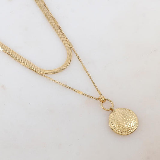 Collier 2 rangs avec maille miroir, petit anneau et pendentif rond martelé (40/48+7CM)