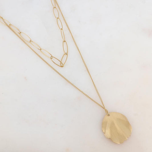 Collier 2 rangs avec maille, pendentif lisse ondulé (38/50+7CM)