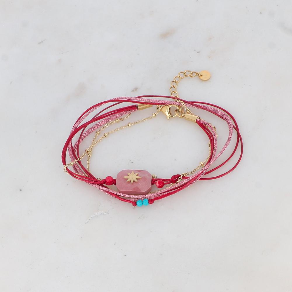 Bracelet double tours et pierre naturelle Rhodonite