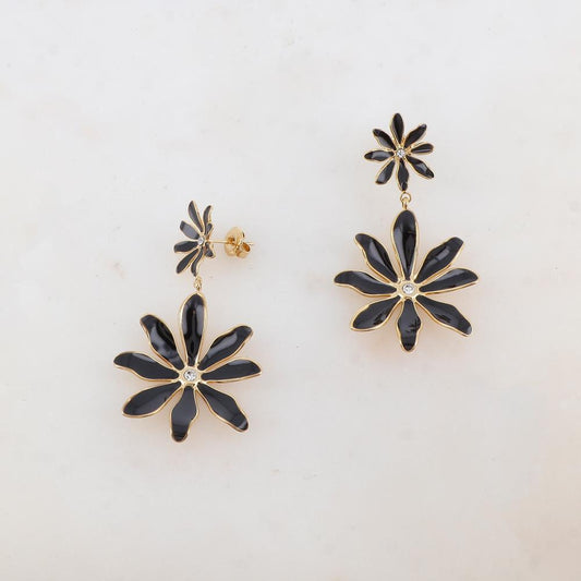 B.O à puce avec 2 fleurs émaillées et 2 strass 2,8 x 5 cm.