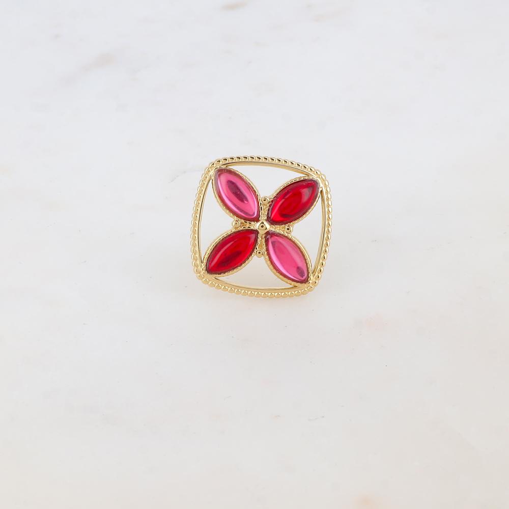 Bague fine avec anneau et 4 pâtes de verre - Rouge