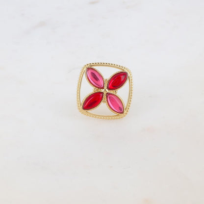 Bague fine avec anneau et 4 pâtes de verre - Rouge