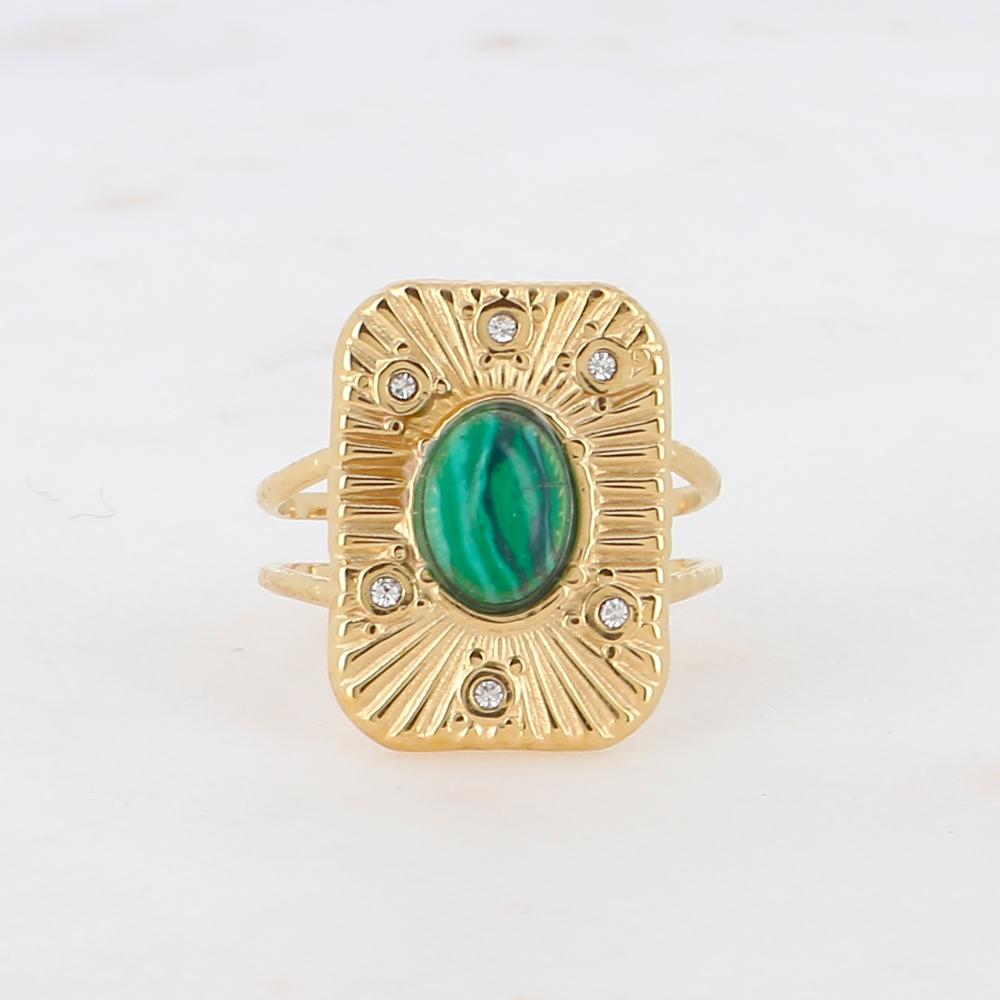 Bague rectangle réglable avec pierre reconstituée et strass - Malachite