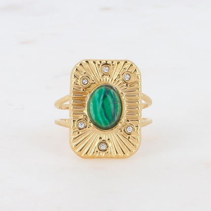 Bague rectangle réglable avec pierre reconstituée et strass - Malachite