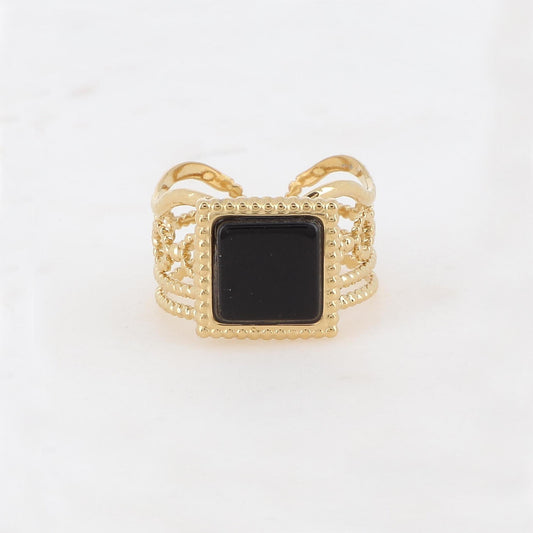 Bague ajourée avec une pierre naturelle carrée - Onyx