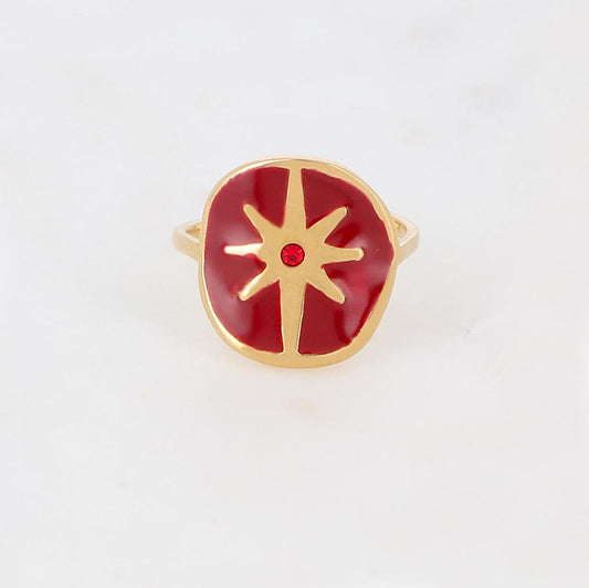 Bague avec étoile, émail et strass - Rouge