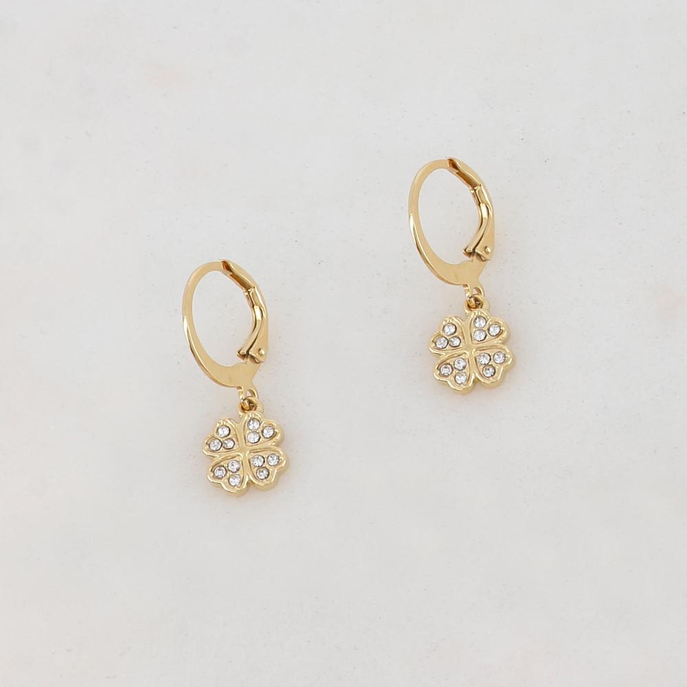 Créoles trèfle à 4 feuilles et strass 1,2 x 2,3 CM.