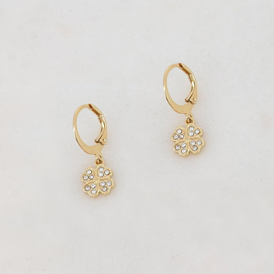 Créoles trèfle à 4 feuilles et strass 1,2 x 2,3 CM.