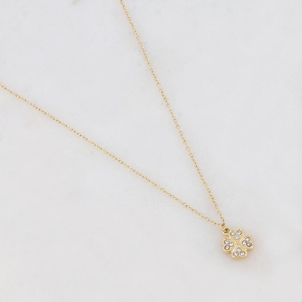 Collier doré avec un pendentif en forme de trèfle à 4 feuilles et orné de strass blancs 41+5 cm