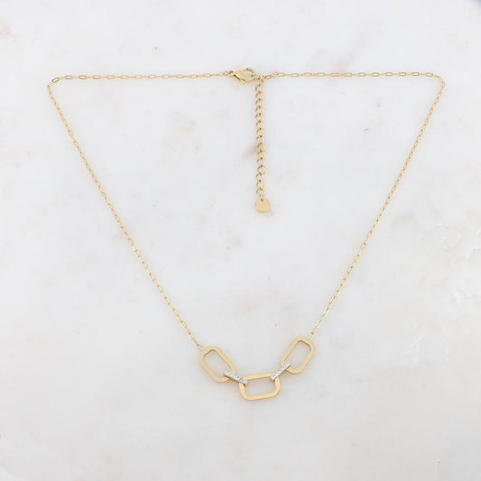 Collier doré avec anneaux rectangulaires et strass blancs 40+5 cm