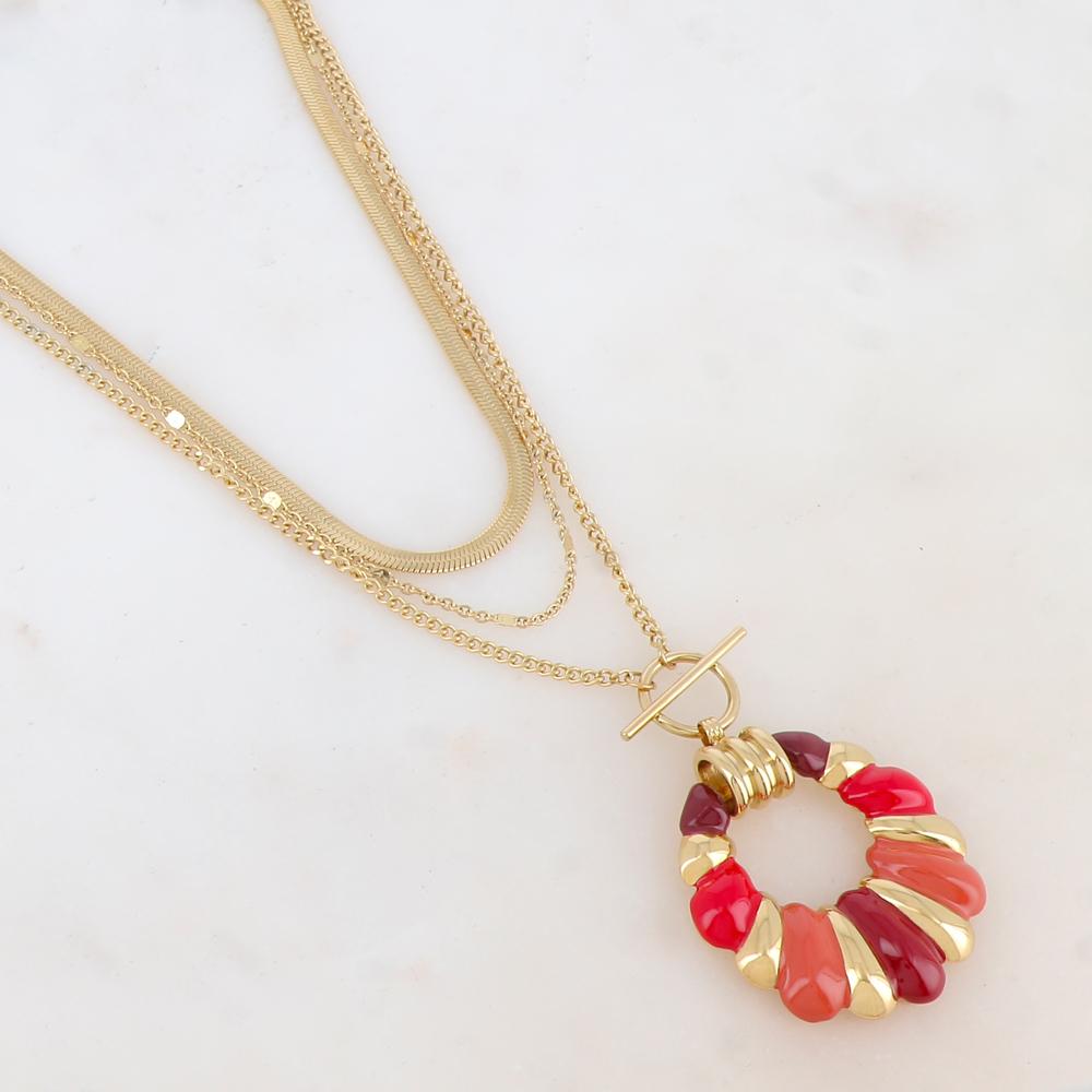 Collier 3 rangs avec maille miroir et pendentif émaillé (38/40/50+7CM)