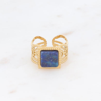 Bague ajourée avec une pierre naturelle carrée - Lapis lazulite
