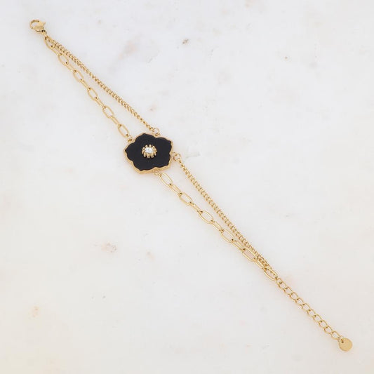 Bracelet deux rangs avec fleur en pierre naturelle, strass