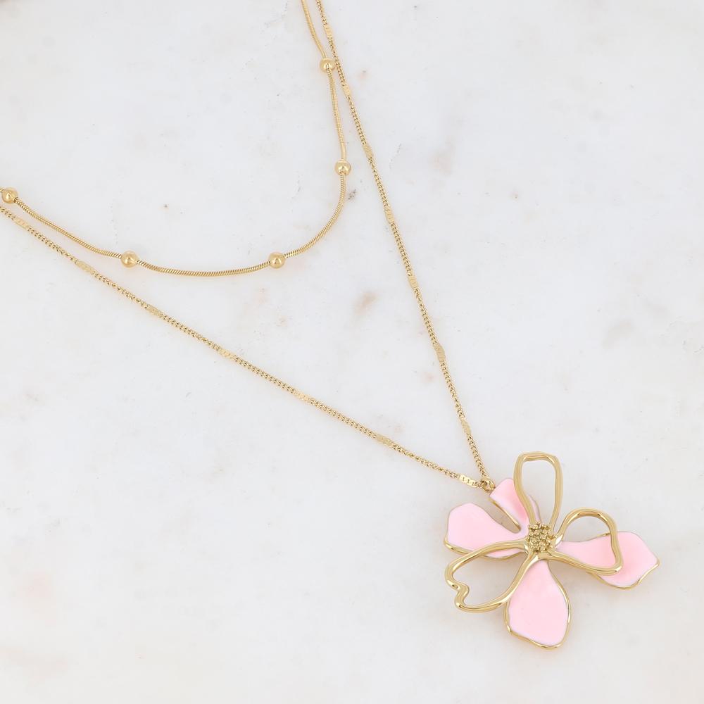 Collier double rangs doré avec une fleur émaillée rose 40/55+7 cm