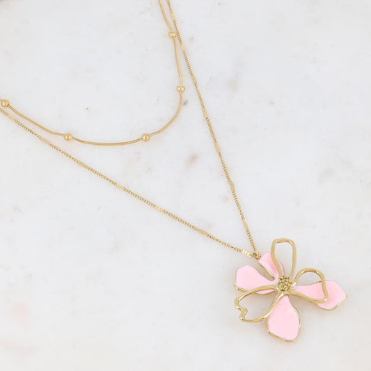 Collier double rangs doré avec une fleur émaillée rose 40/55+7 cm