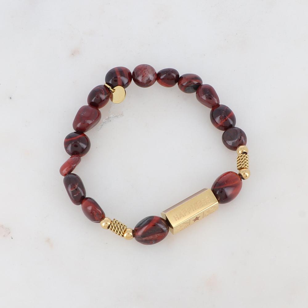 Bracelet élastique avec pierres naturelles, boules, chaînes torsadées, pièce géométrique en 5 faces - Onyx
