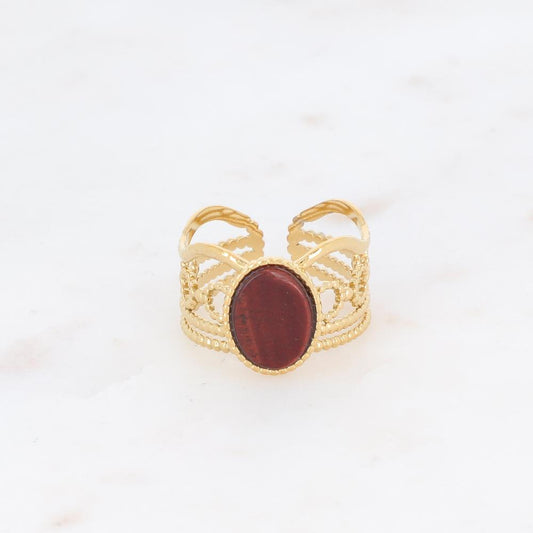 Bague ajourée avec une pierre naturelle ovale - Œil de tigre