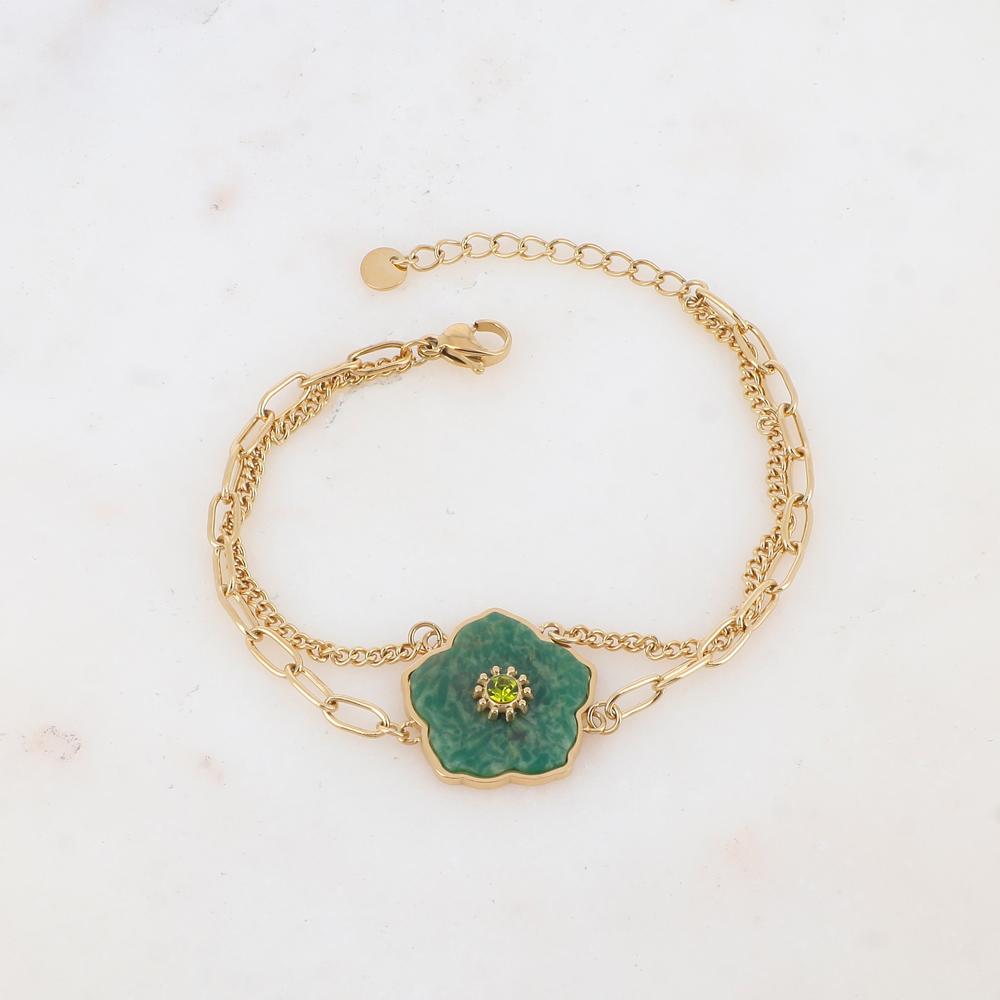 Bracelet deux rangs avec fleur en pierre naturelle, strass