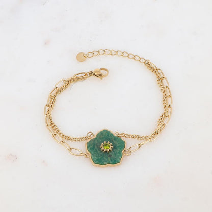 Bracelet deux rangs avec fleur en pierre naturelle, strass