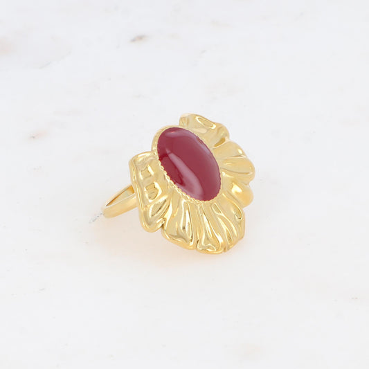 Bague avec feuille et pièce ovale émaillée - Bordeaux