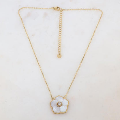 Collier avec pendentif fleur en nacre, strass (39+7CM)