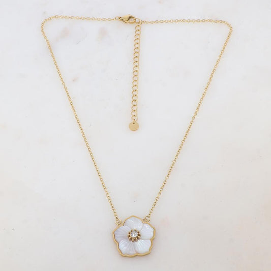 Collier avec pendentif fleur en nacre, strass (39+7CM)